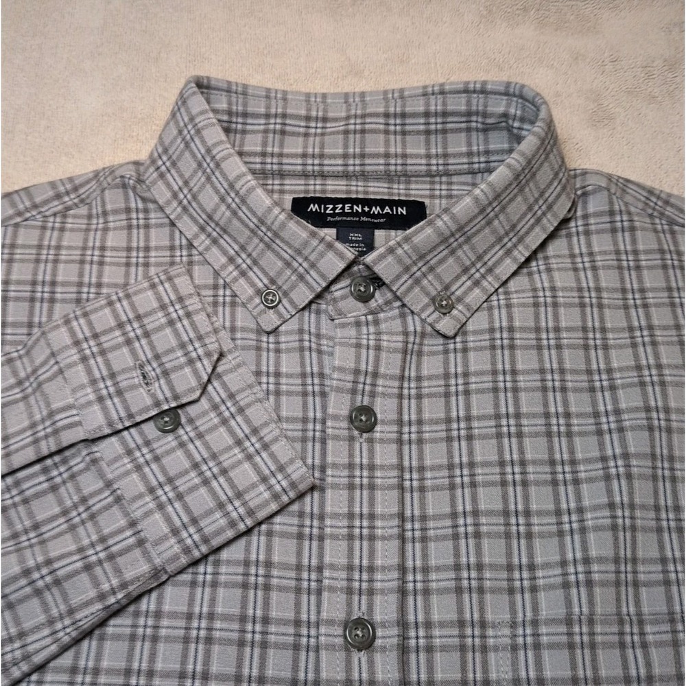 Mizzen+Main Shirt Men XXL Trim Plaid City Flannel Classic Button Down Grey Navy